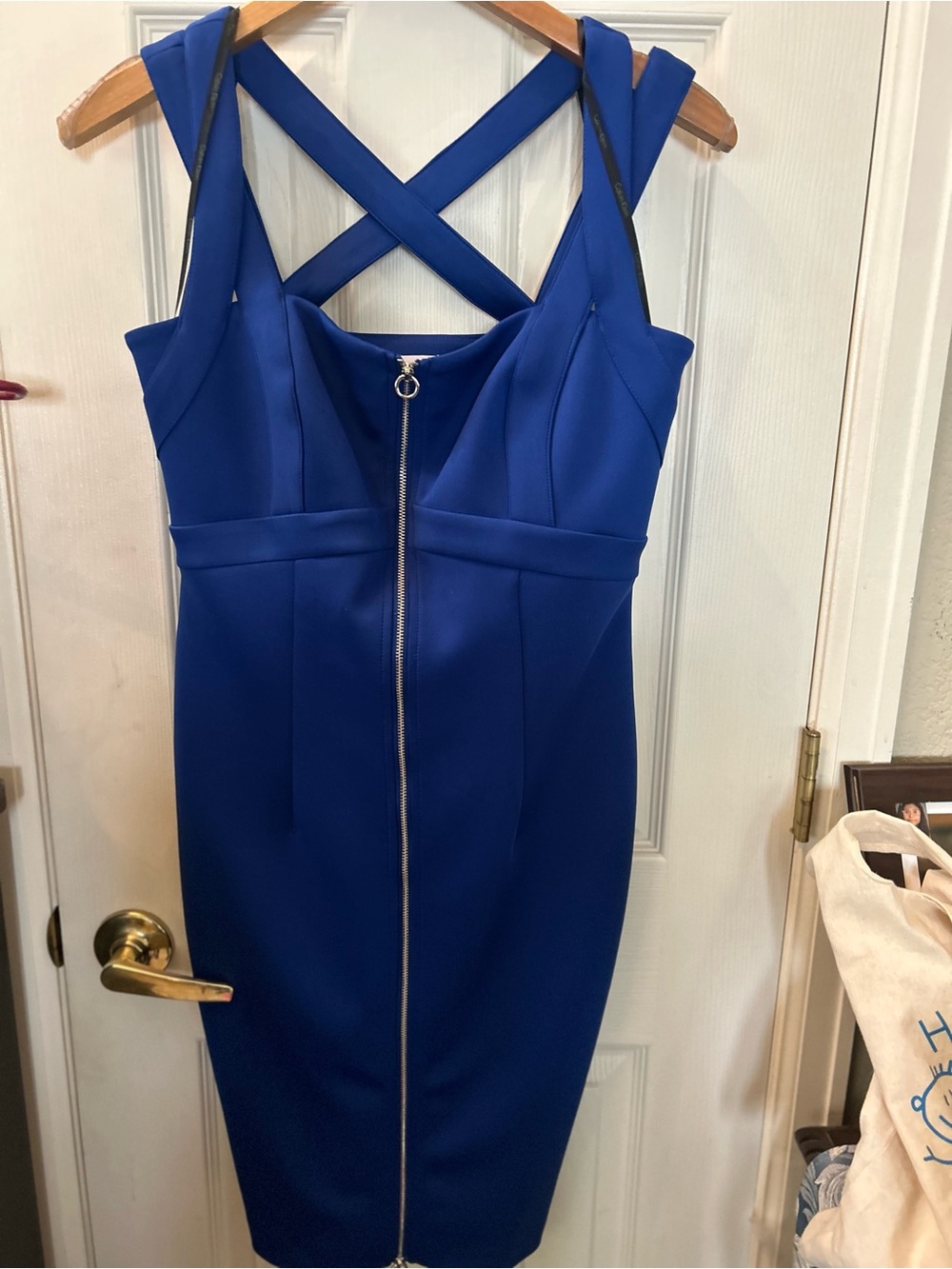 Express Cobalt Blue Strappy Back Sheath Dress with Front Zip size 6.